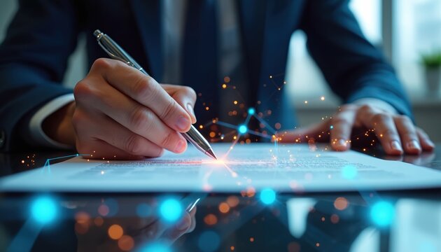 Businessman hand signs important document with pen. Digital tech lines, glowing dots connect around form. Shows modern contract, future agreement, business innovation, secure data management, smart