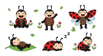 Playful cartoon ladybugs in various poses, surrounded by flowers and leaves.