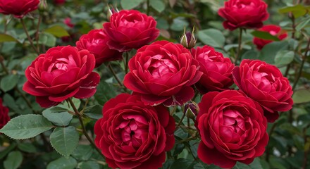 Obraz premium Vibrant red roses in full bloom against a background of green leaves