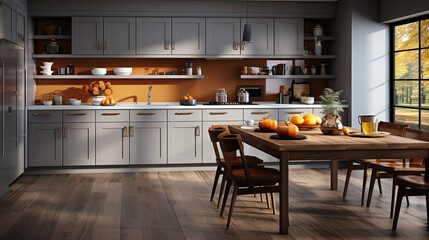 Cozy modern kitchen with gray cabinets, orange accent wall, and wooden dining table decorated with pumpkins and warm autumn light streaming through large windows