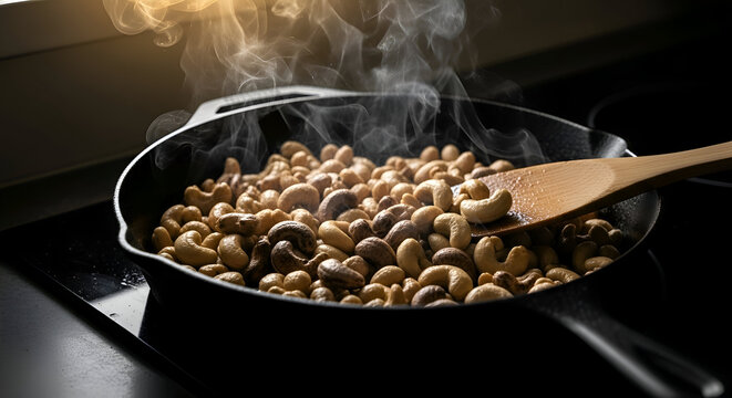 Roasted Cashews In A Pan: A Scrumptious Culinary Delight, Freshly Prepared and Ready