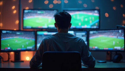 Naklejka premium Man watches multiple computer screens displaying live sport game broadcast. Works in studio control room, monitoring video production. Person focuses on digital streaming tech for sports event. Night