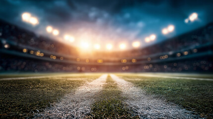 spectator. Football field perspective in an athletic stadium, evening ambiance with blurred backdrop. event programs, museum guides, designed for cultural heritage projects and event programs.