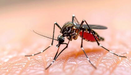 Close-up Extreme Macro View of a Mosquito Sucking Blood from Human Skin with Red Blood Visible Underneath Its Body in Warm Natural Light