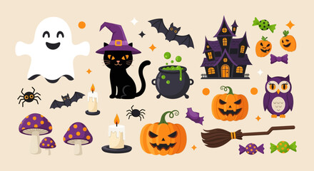 Adorable flat vector set of Halloween icons featuring pumpkins, ghost, black cat, haunted house, bats, cauldron, and mushrooms in bright orange, purple, and black tones for festive designs.