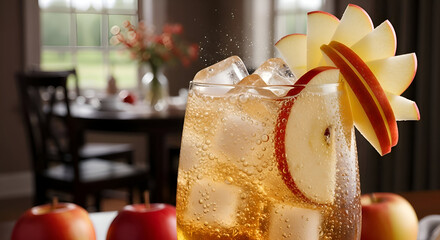 Refreshing Apple Juice Cocktail with Ice and Sliced Apple Garnish in Bar or Home
