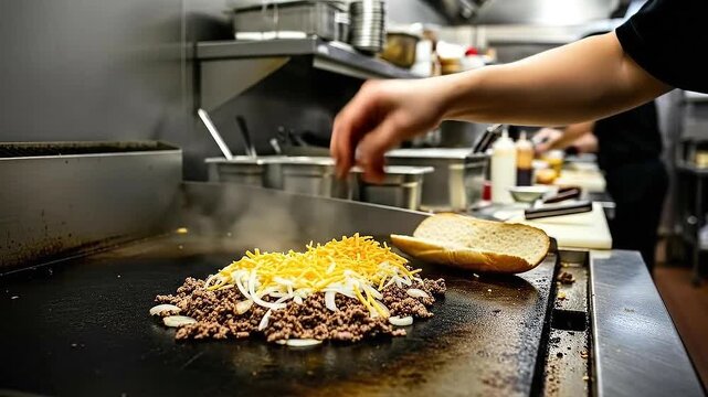 Adding Shredded Cheddar Cheese to Philly Cheesesteak Cooking on a Flat Top Grill in a Commercial Kitchen Preparing Delicious American Cuisine with Melted Cheese and Fresh Bread 198 Characters