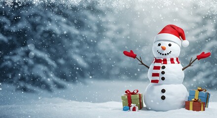 Smiling Snowman with Gifts in Snowy Forest
