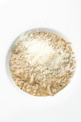 Creamy mushroom risotto served on a white plate, topped with finely grated cheese. Minimalist presentation, gourmet Italian cuisine, perfect for restaurant or food photography themes.