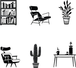 Modern interior design furniture vector illustration with bookshelf chair and plants icon set