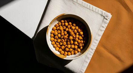 Roasted Chickpeas in a Bowl on a Napkin with Shadows and Beautiful Light