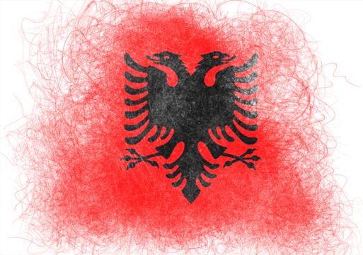 A striking graphic design presents a bold black double-headed eagle, centered against a vibrant red backdrop with rough, scribbled edges creating a sense of raw and symbolic