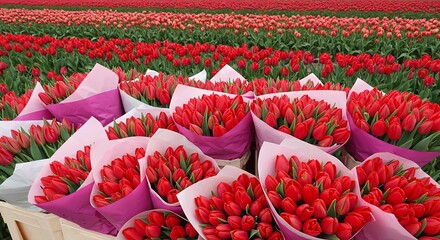 Vibrant red tulips arranged in bouquets with a vast field background