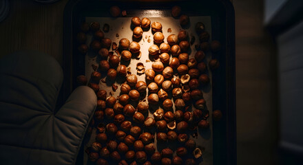 Roasted Hazelnuts on a Baking Tray with Oven Mitt and Soft Lighting for Culinary Concept