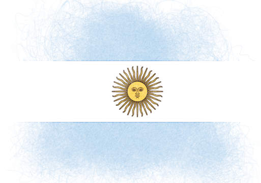 Stylized artistic rendering of the national flag, featuring pale blue and white horizontal stripes, and a golden sun emblem with a human face at the center, completed with a textured,