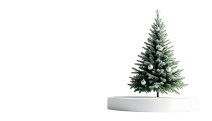 Elegant decorated Christmas tree with silver ornaments on a white podium and transparent background, ideal for advertising, festive branding, holiday marketing, and seasonal promotion.