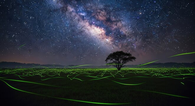 A lone acacia tree stands silhouetted against a vibrant Milky Way galaxy above a field illuminated by countless fireflies.