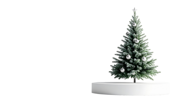 Elegant decorated Christmas tree with silver ornaments on a white podium and transparent background, ideal for advertising, festive branding, holiday marketing, and seasonal promotion.