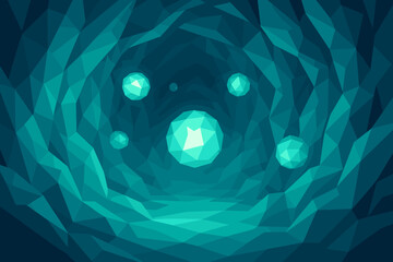 Fototapeta premium Geometric interior between vector angular crystalline glowing faceted walls illustration spheres