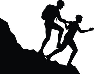 Climbers helping each other silhouette cartoon illustration, symbolic teamwork and expressive gesture artwork for motivational and adventure design