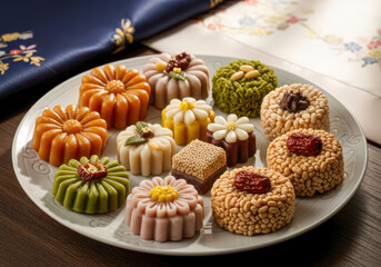 An Array of Luxurious Traditional Korean Dessert Snacks on a Plate, Showcasing Vibrant Colors and Exquisite Craftsmanship