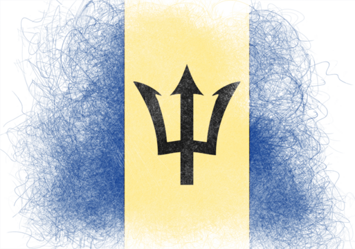 Graphic representation of the Barbados flag, showcasing a trident centered on a pale yellow background, bordered by blue vertical stripes with an expressive, textured effect, giving it