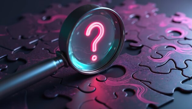 Puzzle pieces show magnifying glass with question mark. Concept of searching problem solutions. Imagery represents questions to solved. Finding answer clue central theme. Dark ambient light used. - Powered by Adobe