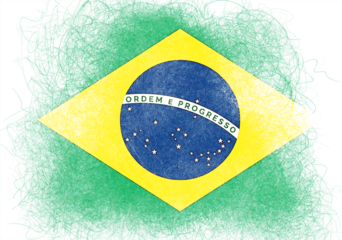 Stylized depiction of the Brazilian flag featuring vibrant green, yellow, and blue hues alongside the iconic stars and "Ordem e Progresso" motto with a distinctive and textured