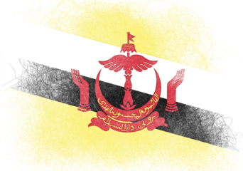 Stylized illustration of the national flag of Brunei featuring yellow, white, black, and red colors, created with a textured, slightly distressed artistic effect and scribbled