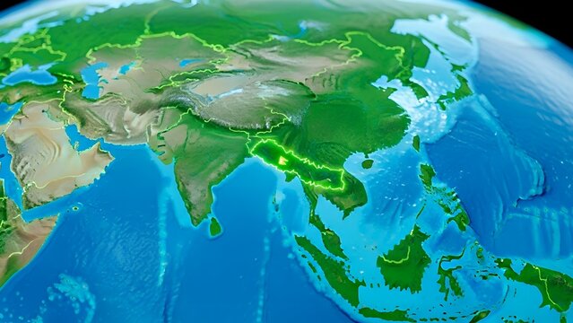 Earth View of Asia with Highlighted Borders and Natural Landscape