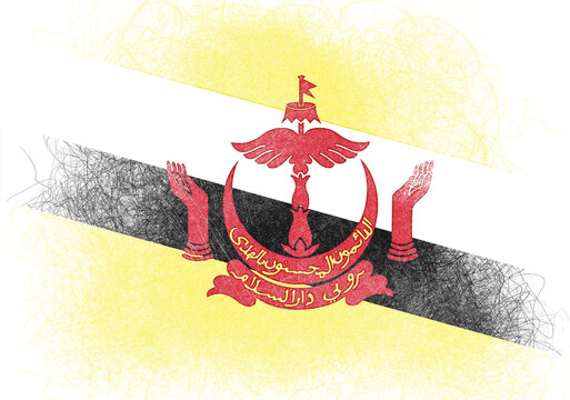 Stylized illustration of the national flag of Brunei featuring yellow, white, black, and red colors, created with a textured, slightly distressed artistic effect and scribbled