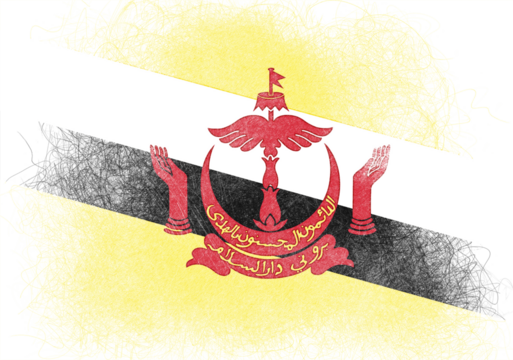 Stylized illustration of the national flag of Brunei featuring yellow, white, black, and red colors, created with a textured, slightly distressed artistic effect and scribbled