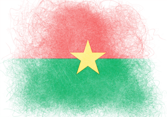 This image depicts an artistic representation of the Burkina Faso flag, where red, green, and yellow colors combine in a textured, almost abstract style to emulate national identity.