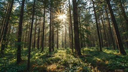 Green foliage bathes in the warm morning sun, lighting a peaceful path through the autumn pine forest