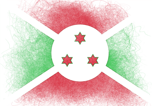 A stylized illustration of the Burundi flag rendered with a textured, almost hand-drawn aesthetic showcases red, green, and white colors, featuring three red stars on a white circular