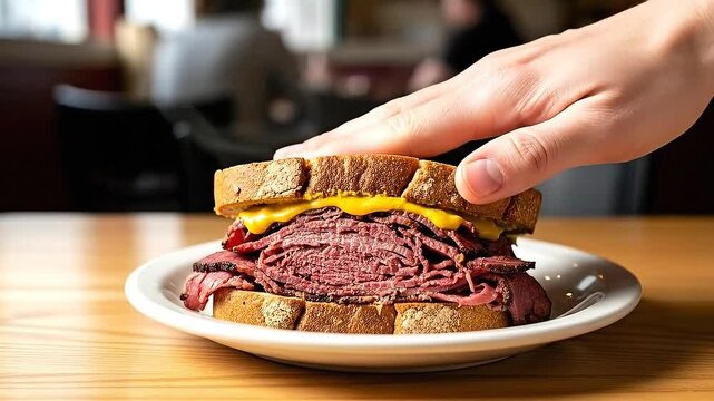 Large Deli Sandwich with Beef Pastrami and Mustard on Rye Bread Topped with a Hand Press on a White Plate Displayed on a Wooden Tabletop Restaurant Food Close Up View