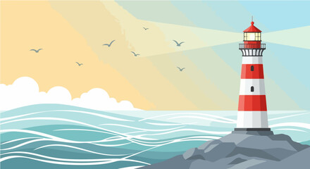 Lighthouse guiding ships at sea with its bright beam of light, overlooking a calm ocean under a sunny sky