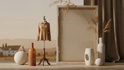 Minimalist still life with mannequin, framed canvas, and decorative objects on a table