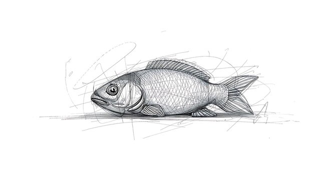 Hand-drawn freshwater fish like carp or trout, isolated and raw on a white background, perfect as a seafood ingredient