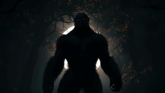 Silhouette Of An Ape Like Creature Stands In A Dark Forest In Ethereal Moonlight Bathed In Trees Lush Undergrowth Creates Suspenseful on creature