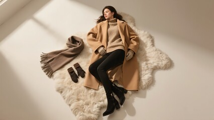 Naklejka premium Woman lying on a fluffy rug wearing a beige coat, sweater, black pants, and boots with a scarf and gloves nearby