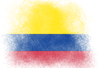 A vibrant, abstract representation of the Colombian flag, featuring bold stripes of yellow, blue, and red, rendered with a unique scribbled effect that evokes a sense of artistic