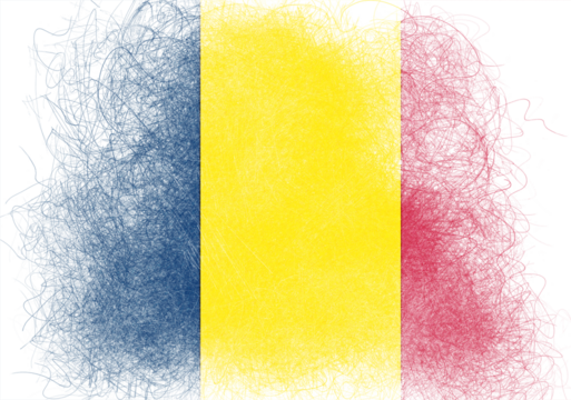 Stylized abstract flag art piece with vertical bands of indigo blue, vibrant yellow, and crimson red, featuring chaotic, scribbled edges for a visually dynamic and textured effect,