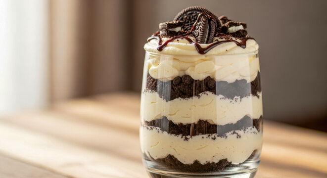 Delicious Homemade Oreo Trifle Dessert in a Glass, Featuring Rich Vanilla Cream Layers and Crushed Chocolate Cookies