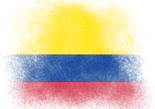 A vibrant, abstract representation of the Colombian flag, featuring bold stripes of yellow, blue, and red, rendered with a unique scribbled effect that evokes a sense of artistic