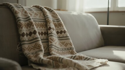 A patterned knit blanket draped over a beige sofa in a sunlit living room