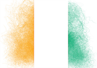 Abstract interpretation of the national flag of Cote d'Ivoire, showcasing textured vertical bands of orange, white, and green with dynamic, stylized, and gestural lines adding visual