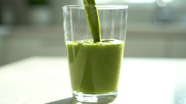 Pouring vibrant green healthy detox drink into a glass Fresh organic smoothie or juice for wellness nutrition and a refreshing healthy lifestyle