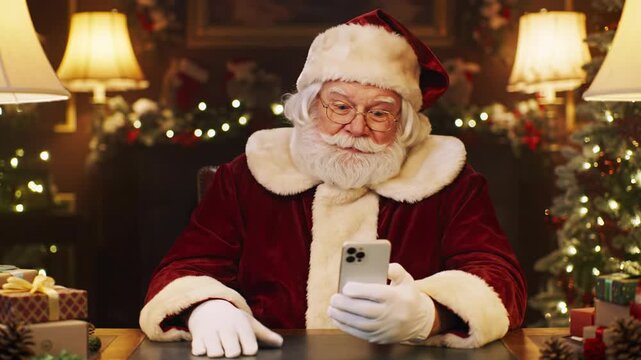 Elderly caucasian santa claus in red velvet suit, white beard, gloves, and hat, waves and scrolls smartphone at wooden desk with christmas tree, gifts, and bokeh. Modern christmas spirit