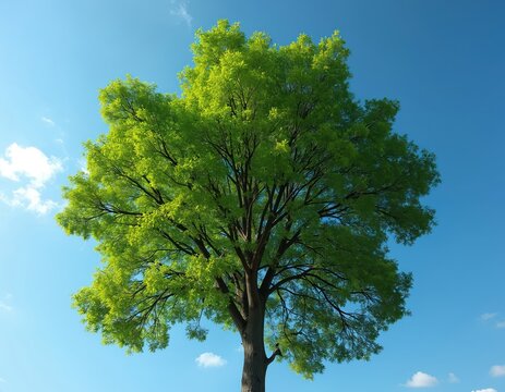 Tall green tree with bright leaves against clear blue sky. Tree trunk is visible from below. White clouds are scattered around. Nature scene is serene and peaceful. Tree is healthy and thriving.